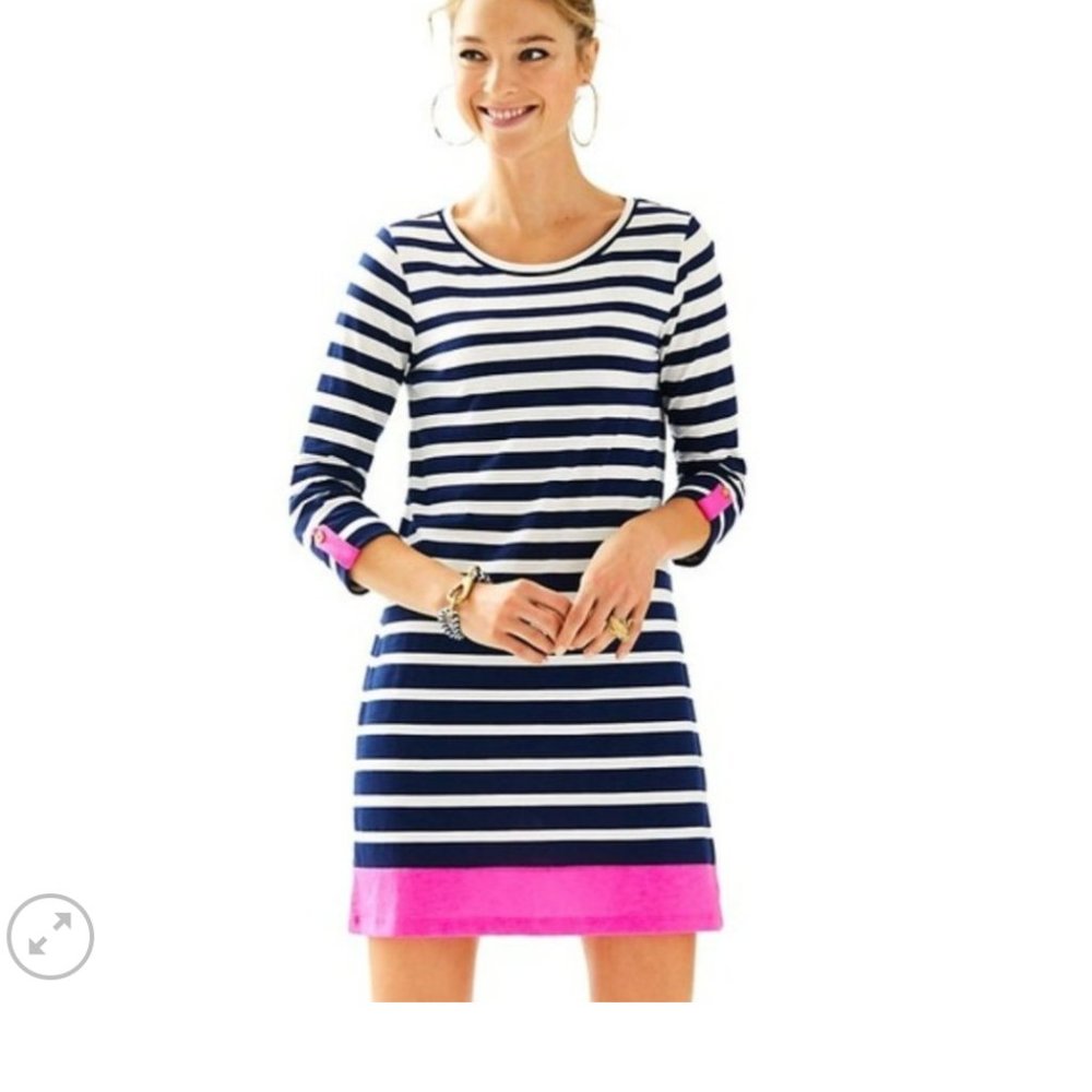Lilly Pulitzer Navy White Punk Striped Linden A-Line Nautical Dress Sz L